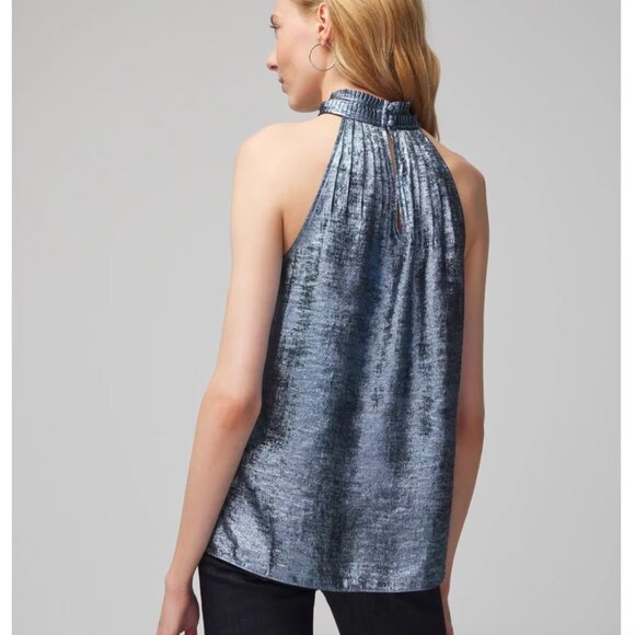 WHBM Halter Pleated Shell Top Blue Metallic 0 - Picture 3 of 10